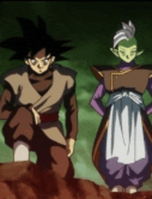 a couple of anime characters standing next to each other on a hill .