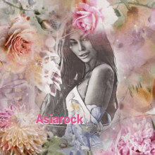 a drawing of a woman surrounded by pink flowers with the word asiarock in red