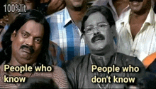 two men are sitting next to each other in a crowd of people and one of them is making a funny face .