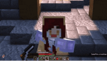 a screenshot of a minecraft game shows a girl holding a book and a bow