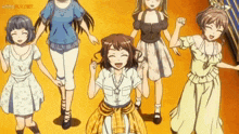 a group of anime girls are holding hands and smiling .