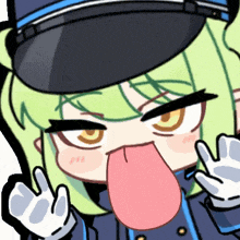a cartoon girl wearing a hat and gloves sticking her tongue out