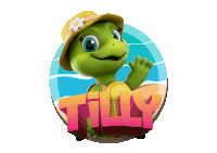 a turtle wearing a hat and the word tilly behind her