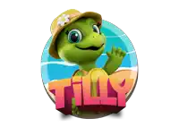 a turtle wearing a hat and the word tilly behind her
