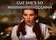 dorothy from the wizard of oz is making a surprised face while wearing a blue and white checkered dress .