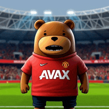a teddy bear wearing a red avax jersey