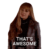 a woman in a leather jacket says that 's awesome on a white background