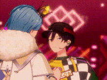a couple of anime characters are standing next to each other in front of a red background .