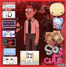 a man in a pink shirt and tie is surrounded by a bunch of stickers including one that says ' so cute '