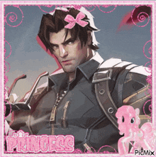 a man with a pink bow in his hair is surrounded by pink swirls and the words princess