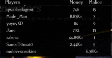 a screenshot of a game showing players and their money