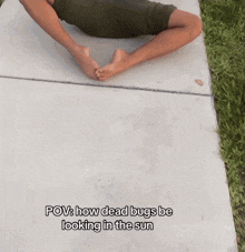 a person laying on a sidewalk with the words " how dead bugs be looking in the sun "