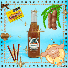 a bottle of jarritos tamarind surrounded by tamarinds and a box of pulparindo