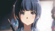 a close up of a blue haired anime girl holding a stick