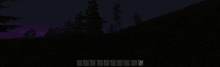 a dark landscape with trees and a purple sky in the background