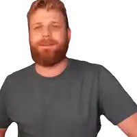 a man with a beard wearing a gray shirt that says bye