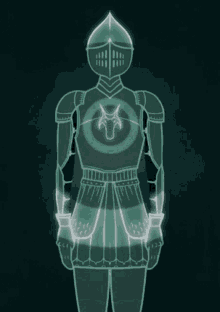a drawing of a knight 's armor with a glowing helmet