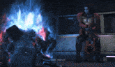 a video game character says " yeah that 's it " in front of a fire