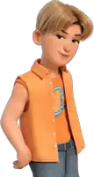 a cartoon boy wearing an orange vest and an orange shirt with the letter c on it