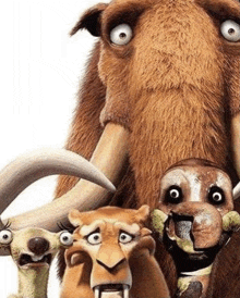 a group of cartoon animals are standing next to each other including a mammoth .