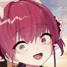 a close up of a pink haired anime character
