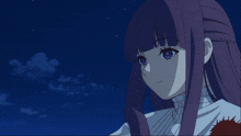 a girl with purple hair and blue eyes is being struck by lightning