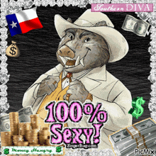 a picture of a boar in a cowboy hat with the caption 100 % sexy