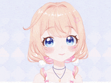 a girl with blonde hair and blue eyes is smiling