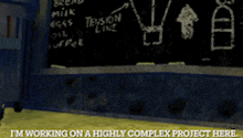 a cartoon character is standing in front of a chalkboard that says tension line