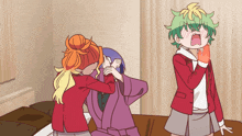 a cartoon drawing of a girl with green hair covering her face