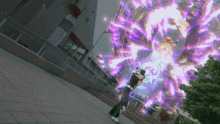 a person standing in front of a building with purple lightning coming out of it