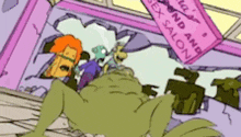 a cartoon character is sitting in front of a sex salon .