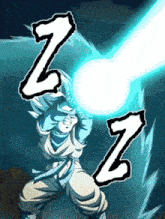 a drawing of a person shooting a blue light with the letter z in the background