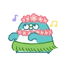 a cartoon penguin wearing a lei and a hula skirt is dancing .