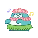 a cartoon penguin wearing a lei and a hula skirt is dancing .