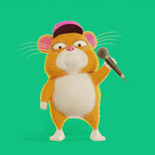 a cartoon mouse singing into a microphone with its mouth open