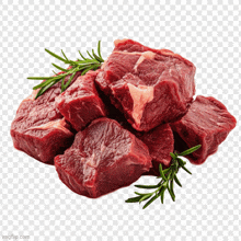 a pile of raw beef cubes with rosemary leaves on a transparent background