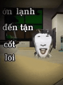 a man with a white face is standing in a room with a green screen .