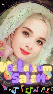 a woman in a hijab is surrounded by colorful letters that say " aalaikum salam "