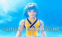 a picture of a girl with blue hair and the words simple and clean above her