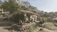 a stone house with a roof that is covered in ivy