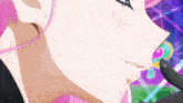 a close up of a pink haired anime character