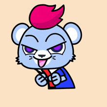 a cartoon drawing of a blue bear with a red mohawk
