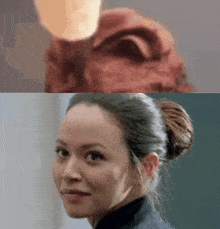 a close up of a woman 's face next to a close up of a statue 's face .