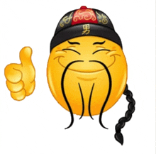 a smiley face wearing a hat and mustache gives a thumbs up sign