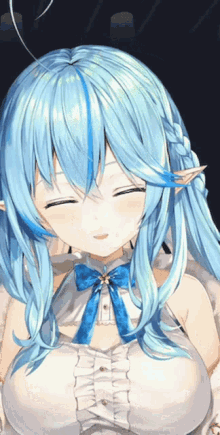 a close up of a girl with blue hair and a blue bow on her neck .