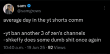 a screenshot of a tweet by sam @samgrows about average day in the yt shorts comm