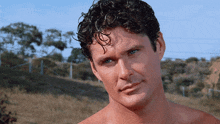 a shirtless man with curly hair and blue eyes is looking at the camera