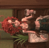 a cartoon character with red hair is holding a light bulb .