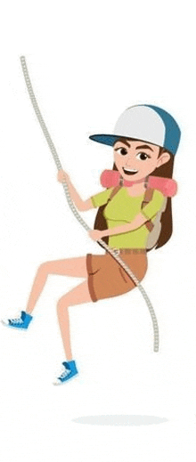a woman is climbing a rope with a backpack on her back .
